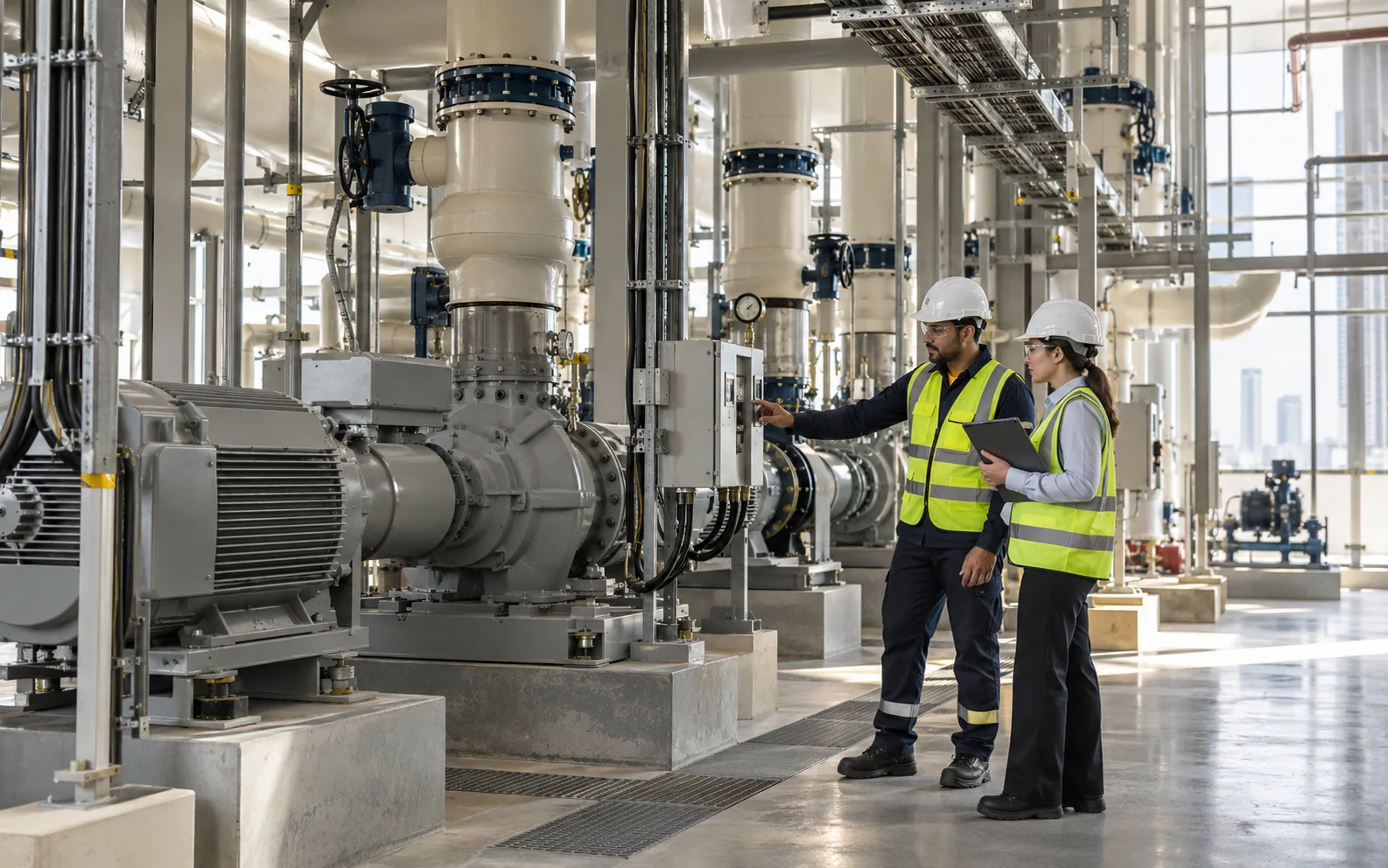 Energy engineers inspecting an industrial cooling and pumping plant