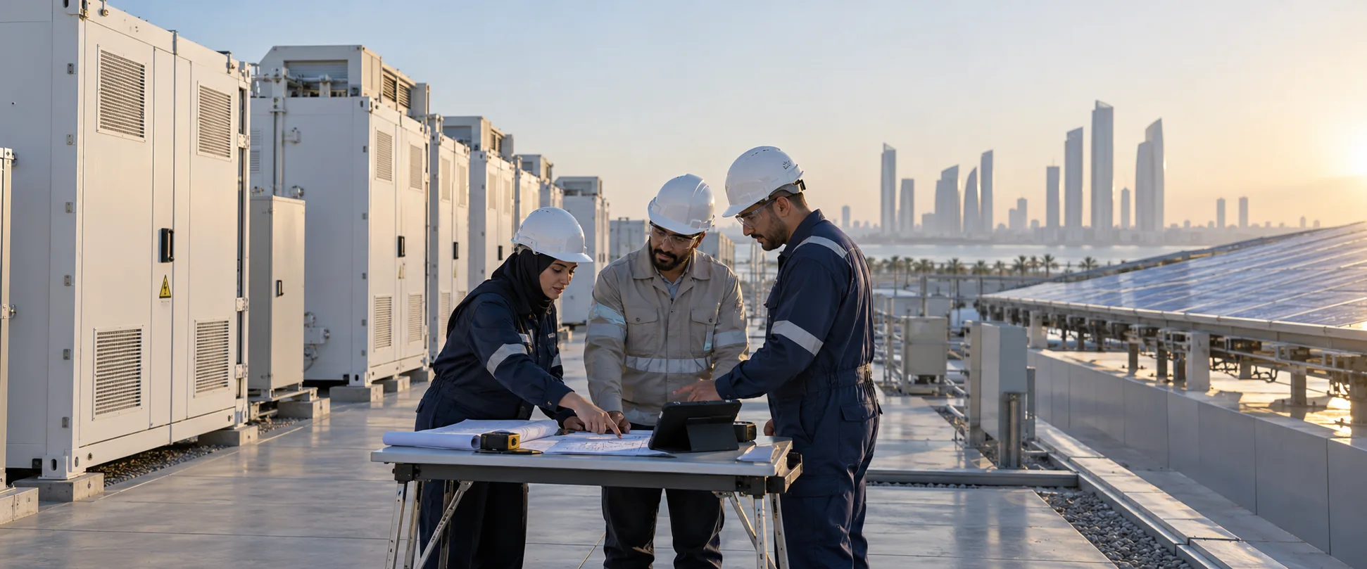 Commissioning team reviewing plans beside battery storage and solar infrastructure
