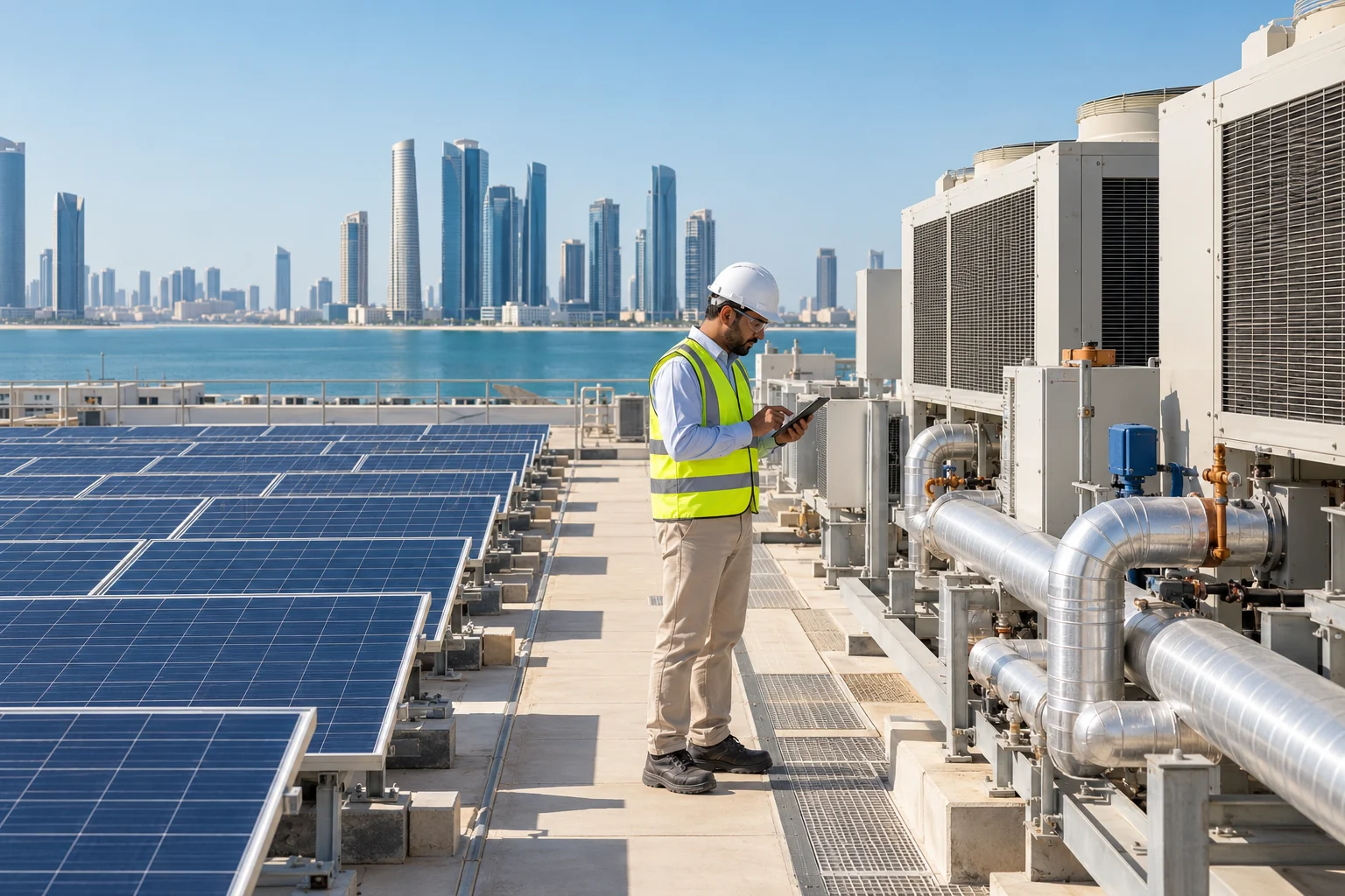 An engineer inspecting rooftop solar and cooling equipment, with a coastal city in the background