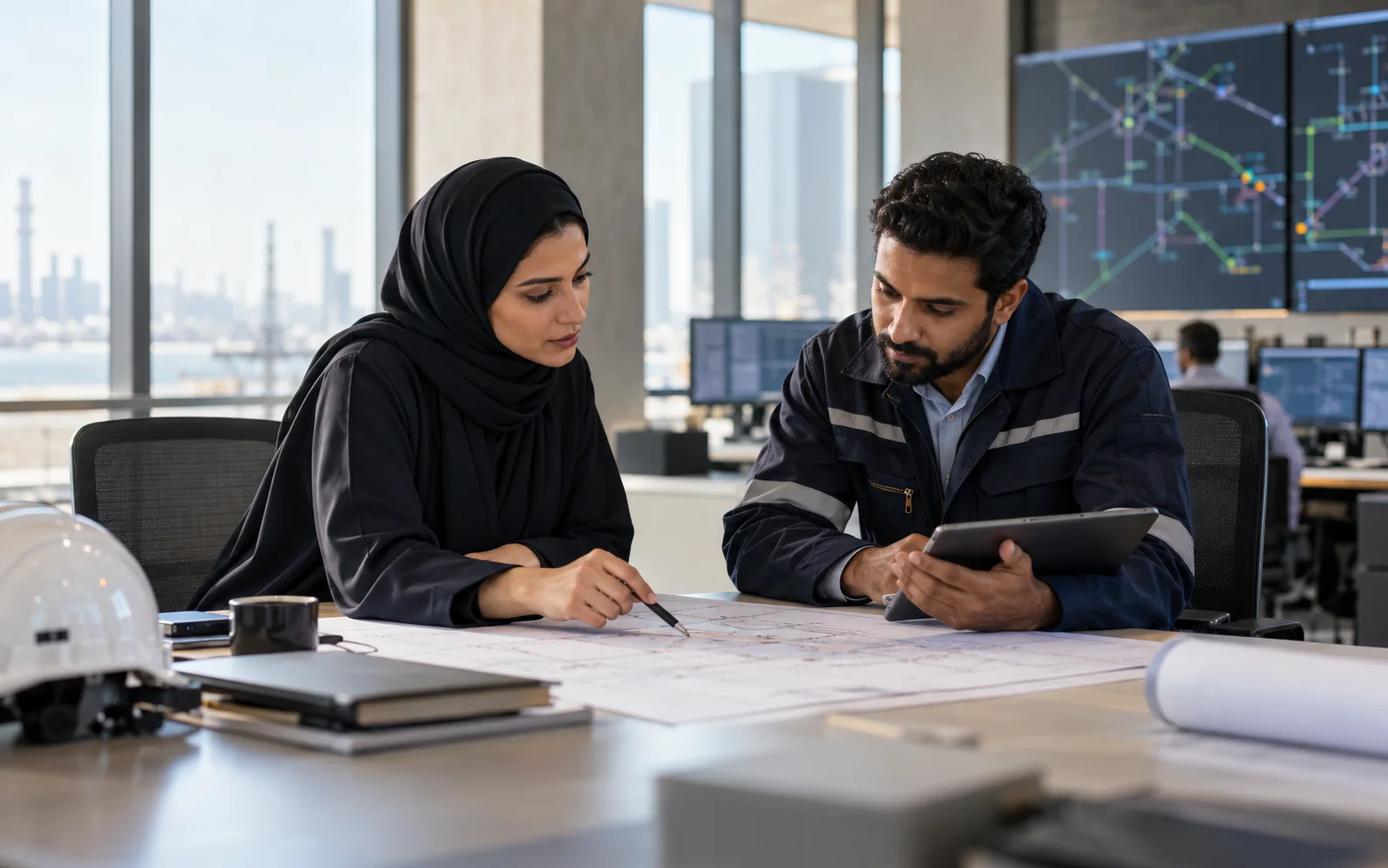 Utility engineers reviewing a network plan and operational data